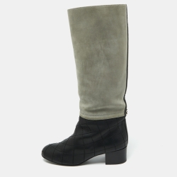 Chanel Black/Grey Nubuck and Leather Knee Length Boots Size 38.5