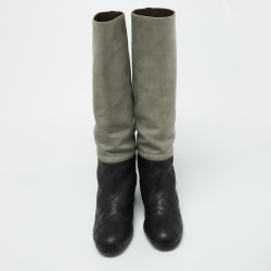Chanel Black/Grey Nubuck and Leather Knee Length Boots Size 38.5