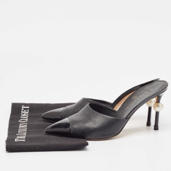 Pre Owned Chanel Black Leather and Patent CC Faux Pearl Heel Mules Size 39