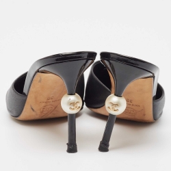 Pre Owned Chanel Black Leather and Patent CC Faux Pearl Heel Mules Size 39