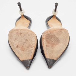 Pre Owned Chanel Black Leather and Patent CC Faux Pearl Heel Mules Size 39