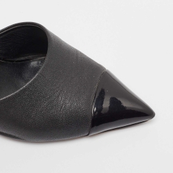 Pre Owned Chanel Black Leather and Patent CC Faux Pearl Heel Mules Size 39