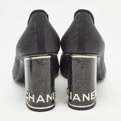 Pre Owned Chanel Black Glitter And Cap Toe Block Heel Pumps Size 40