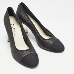 Pre Owned Chanel Black Glitter And Cap Toe Block Heel Pumps Size 40