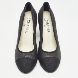 Pre Owned Chanel Black Glitter And Cap Toe Block Heel Pumps Size 40