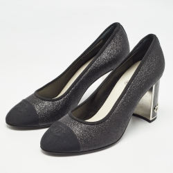 Pre Owned Chanel Black Glitter And Cap Toe Block Heel Pumps Size 40