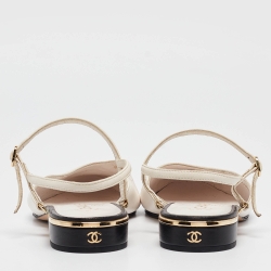 Pre Owned Chanel White/Black Leather CC Cap Toe Ankle Strap Flats Size 40.5