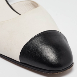 Pre Owned Chanel White/Black Leather CC Cap Toe Ankle Strap Flats Size 40.5