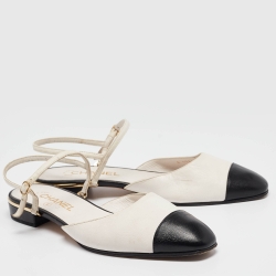 Pre Owned Chanel White/Black Leather CC Cap Toe Ankle Strap Flats Size 40.5
