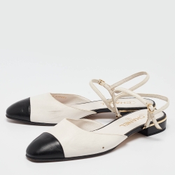 Pre Owned Chanel White/Black Leather CC Cap Toe Ankle Strap Flats Size 40.5
