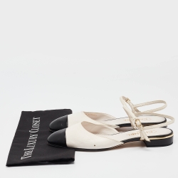 Pre Owned Chanel White/Black Leather CC Cap Toe Ankle Strap Flats Size 40.5