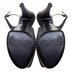 Pre Owned صندل شانيل فتحة كعب نعل سميك سلسلة جلد رصاصي حصوي مقاس 38