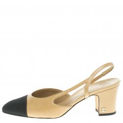 Chanel Beige Leather and Black Fabric Cap Toe Slingback Sandals Size 37
