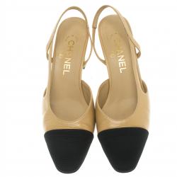 Chanel Beige Leather and Black Fabric Cap Toe Slingback Sandals Size 37