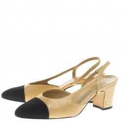 Chanel Beige Leather and Black Fabric Cap Toe Slingback Sandals Size 37