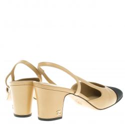 Chanel Beige Leather and Black Fabric Cap Toe Slingback Sandals Size 37