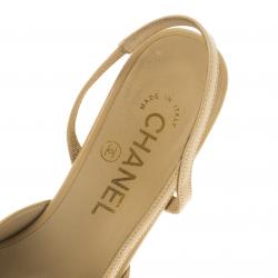 Chanel Beige Leather and Black Fabric Cap Toe Slingback Sandals Size 37