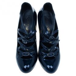 Pre Owned حذاء شانيل أزرق لامع بسيور وكعب روكي مقاس 37