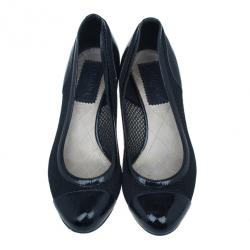 Pre Owned حذاء كعب شانيل جلد أسود لامع ومقدمة حذاء شبكة مقاس 38