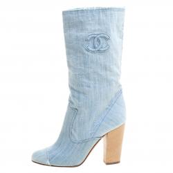 Chanel Light Blue Denim Wash Mid Calf Boots Size 38