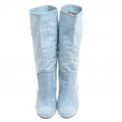 Chanel Light Blue Denim Wash Mid Calf Boots Size 38
