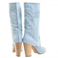 Chanel Light Blue Denim Wash Mid Calf Boots Size 38