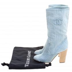 Chanel Light Blue Denim Wash Mid Calf Boots Size 38