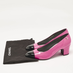Pre Owned Chanel Pink/Black Patent Leather CC Cap Toe Block Heel Pumps Size 40