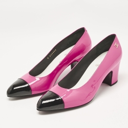 Pre Owned Chanel Pink/Black Patent Leather CC Cap Toe Block Heel Pumps Size 40