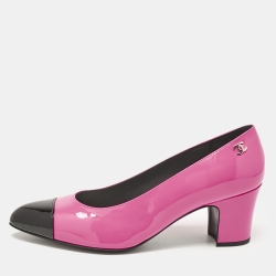 Pre Owned Chanel Pink/Black Patent Leather CC Cap Toe Block Heel Pumps Size 40
