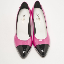 Pre Owned Chanel Pink/Black Patent Leather CC Cap Toe Block Heel Pumps Size 40