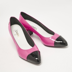 Pre Owned Chanel Pink/Black Patent Leather CC Cap Toe Block Heel Pumps Size 40