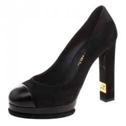 Pre Owned Chanel Black Suede and Leather Cap Toe Platform Pumps Size 37.5