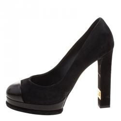 Pre Owned Chanel Black Suede and Leather Cap Toe Platform Pumps Size 37.5
