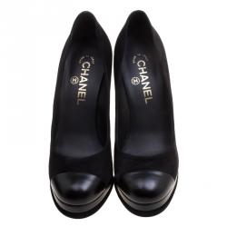 Pre Owned Chanel Black Suede and Leather Cap Toe Platform Pumps Size 37.5