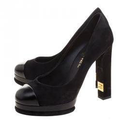Pre Owned Chanel Black Suede and Leather Cap Toe Platform Pumps Size 37.5
