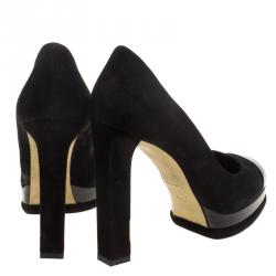 Pre Owned Chanel Black Suede and Leather Cap Toe Platform Pumps Size 37.5