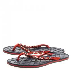 Chanel Orange Suede Chain Link Quilted Thong Sandals Size 39