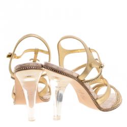 مملوكة مسبقًا Chanel Metallic Gold CC Crystal Embellished Suede Lucite Heel Strappy Sandals Size 40.5