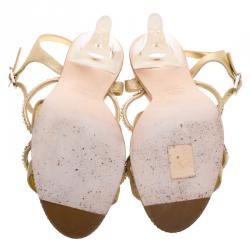 مملوكة مسبقًا Chanel Metallic Gold CC Crystal Embellished Suede Lucite Heel Strappy Sandals Size 40.5