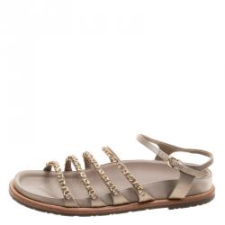 Pre Owned Chanel Beige Satin Chain Detail Ankle Strap Flat Sandals Size 41.5