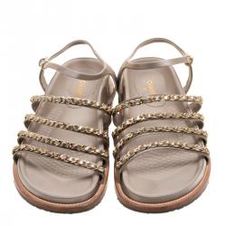 Pre Owned Chanel Beige Satin Chain Detail Ankle Strap Flat Sandals Size 41.5
