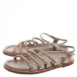 Pre Owned Chanel Beige Satin Chain Detail Ankle Strap Flat Sandals Size 41.5