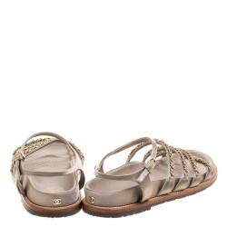 Pre Owned Chanel Beige Satin Chain Detail Ankle Strap Flat Sandals Size 41.5