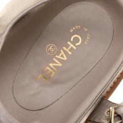 Pre Owned Chanel Beige Satin Chain Detail Ankle Strap Flat Sandals Size 41.5