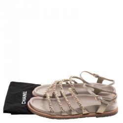 Pre Owned Chanel Beige Satin Chain Detail Ankle Strap Flat Sandals Size 41.5