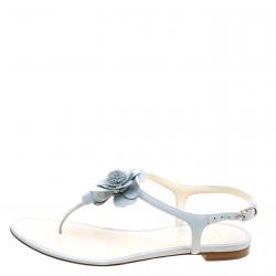 Chanel Grey Leather Camellia Thong Sandals Size 35