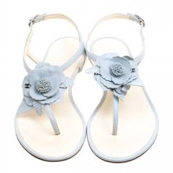 Chanel Grey Leather Camellia Thong Sandals Size 35