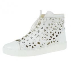 Chanel White Flower Cutout Leather High Top Sneakers Size 41