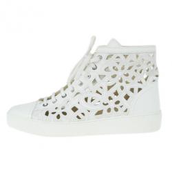Pre Owned Chanel White Flower Cutout Leather High Top Sneakers Size 41